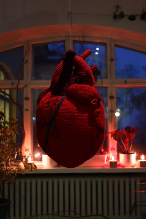 A big Red Anatomically Correct Heart Made In Crochet by Jennifer Ramirez